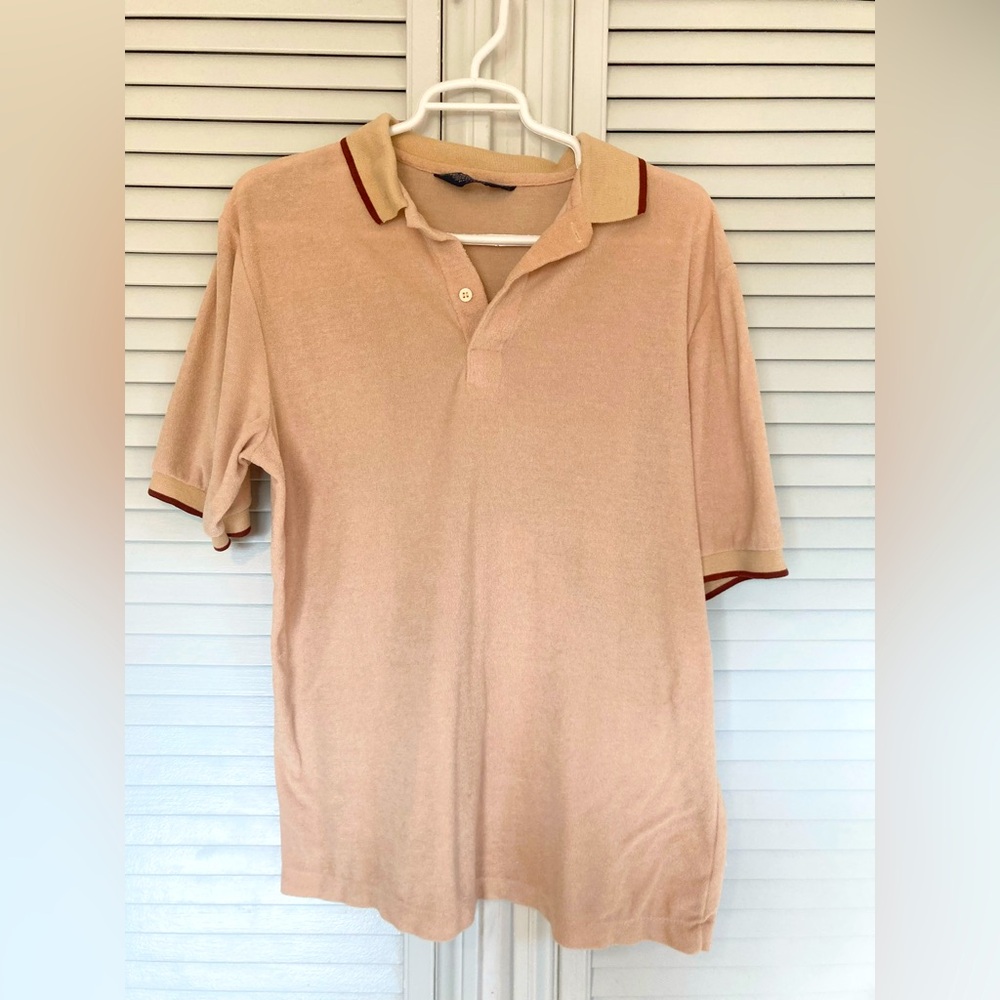 Vintage JC Penney Mens Terry Cloth Collared Shirt Tan 70s Large Rockabilly Retro